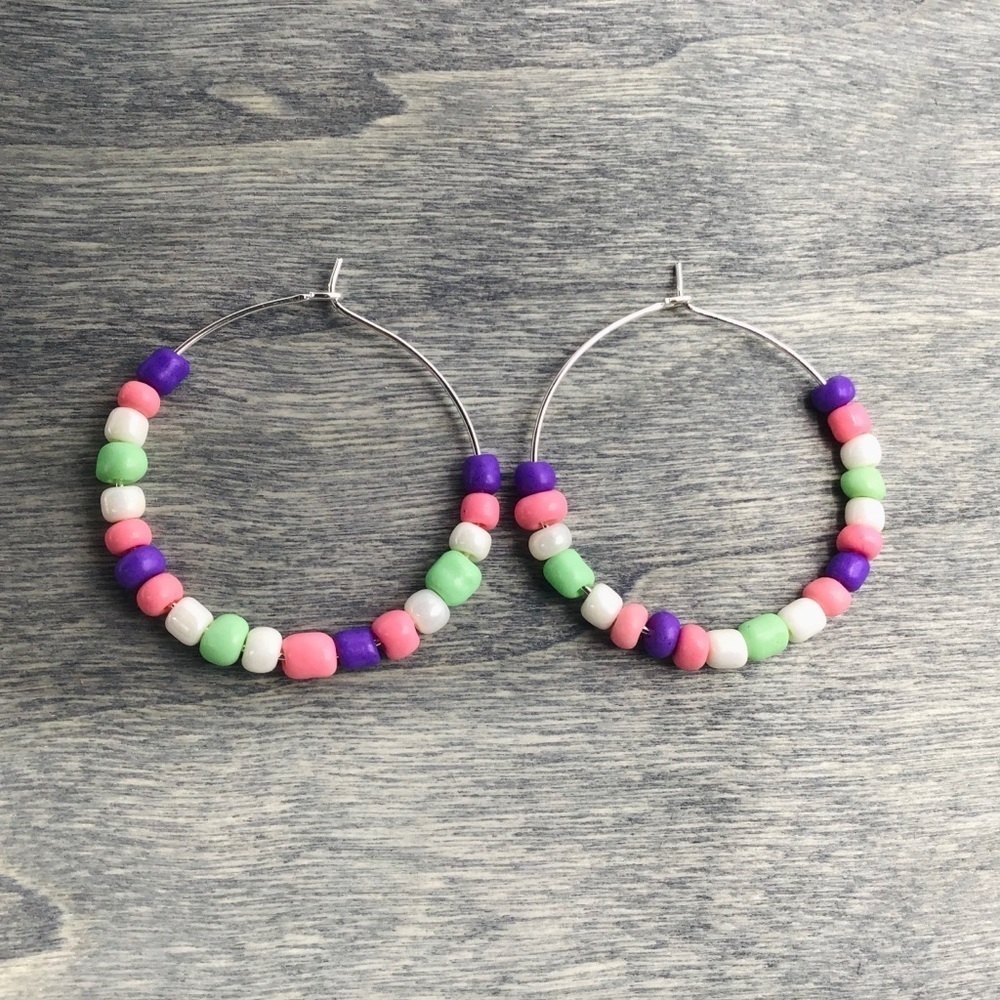 Hoop Earrings Boho Beaded Pastel Pink Purple Green Pearly White Jewelry
